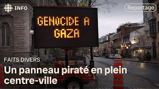 Un message pro-Gaza affiché sur un panneau piraté