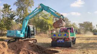 kobelco sk140-8 เร็วแรง วันนี้ไม่ต่ำกว่า200เที่ยว งานลอกนา excavator and truck