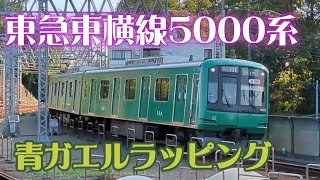 【東急】多摩川駅に到着する東横線5000系青ガエルラッピング車両