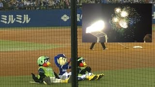 2018/7/20夏祭りにノッて打ち上げ花火開始！つば九郎、ドアラ、つばみの花火観賞