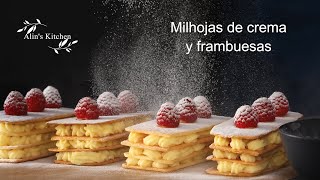 Milhojas de crema y frambuesas - Layered puff pastry with cream and raspberries