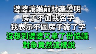 婆婆讓婚前財產證明房子不加我名字，我表示不圖房子簽了字沒想到婆婆又拿了份協議，對象竟然這樣說【知行國學】#婆媳#情感故事#落日溫情#情感故事#花開富貴#深夜淺讀#家庭矛盾#爽文