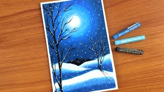 Winter Snowfall Scenery Drawing with Oil pastels for Beginners | Oil Pastel Drawing - Step by Step