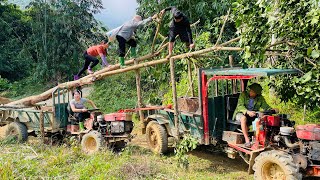 Agricultural vehicles transporting wood; the girl has dug up giant ornamental tree stumps.