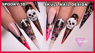 Acrylic Nails Halloween 3D SKULL design stiletto | Glitter Planet
