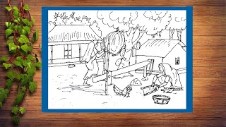 Very Easy Drawing // Line Drawing //Break the paddy in the dheki //Drawing and Crafts Tutor