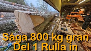 Såga grov granstock från Otterslätt Del 1 (Ladda in 800kg stock i WoodMizer LT15)