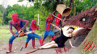 OMG! brave Spider-Man squad destroy ferocious fire Dragon monster to rescue the girl