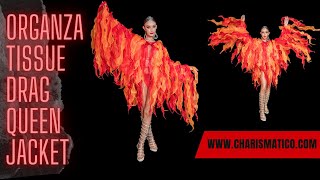 CHARISMATICO Orange And Red Flame-Ruffle Shimmering Organza Tissue Drag Queen Jacket