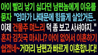 사연열차아이 낳기 싫다는 남편에게 이유를 묻자엄마도 이제 건물주 며느리 덕 좀 보고 사셔야지  벌써 김칫국 마시니 아이 없으니까 얼른 이혼하자~ 빠른 이혼합니다!#실화