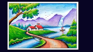 Oilpastel Scenery Drawing || Beautiful Scenery Drawing || Hill with River Scenery Drawing