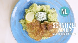 Schnitzel van kip met broccolistoemp