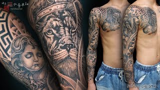 제주 타투술사 / 긴팔 타투 / 가슴 긴팔 타투 / Chest arm tattoo / Lion tattoo / Angel tattoo / 胸から腕のタトゥー / 刺青