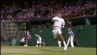 Nick Kyrgios stomps a return v Nadal - Wimbledon