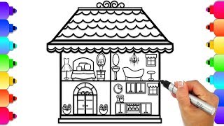 Glitter Doll House Coloring Page | Learn to Draw and Color a Doll house with Glitter and Markers