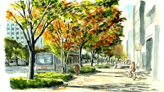 街中の紅葉　／　京都・御池通り 【透明水彩風景画】  Autumn leaves in the city　【Watercolor】