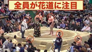 貴公俊が遅れて取組力士や呼出・親方達が心配そうにする−小走りで土俵下へ／土俵復帰の貴ノ岩−8日目は新鋭矢後と大激戦／矢後-貴ノ岩/2018.3.18/yago-takanoiwa/day8