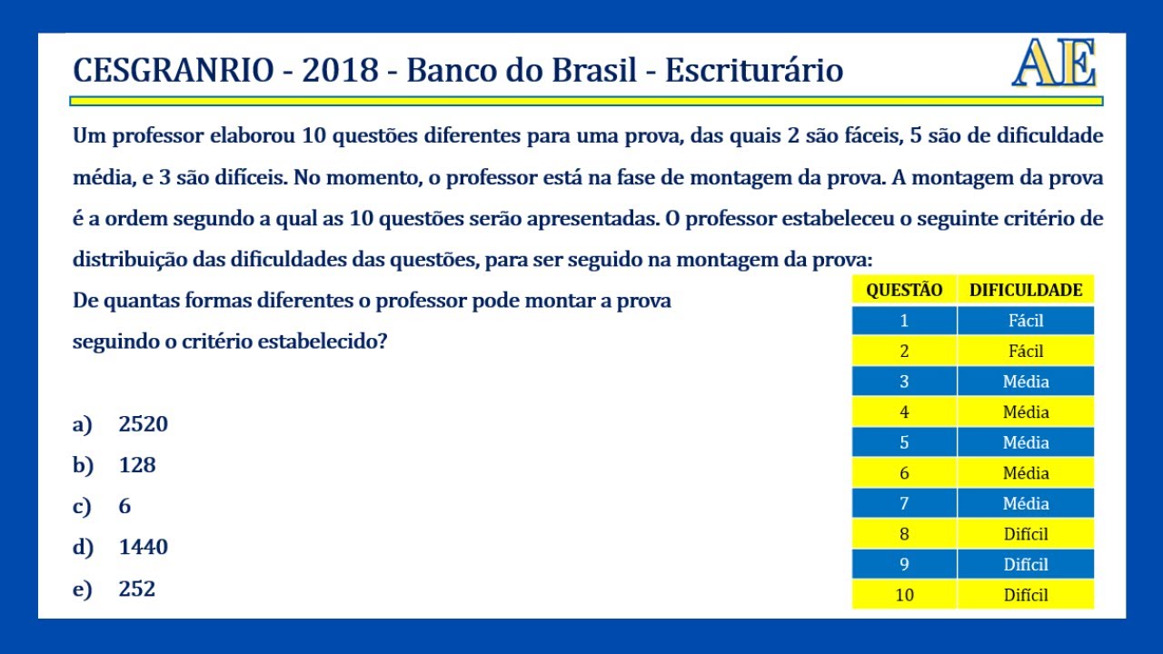 👉👉CESGRANRIO - CONCURSO BANCO DO BRASIL - Análise Combinatória ...