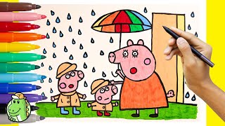 How to draw Peppa Pig, George Pig And Mommy Pig In The Rain 🐷🌧️ Easy Drawing for Kids Cute