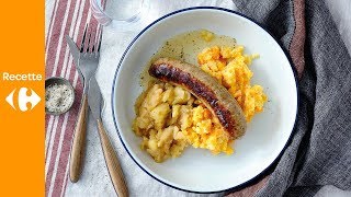 Saucisse de campagne, compote maison de pommes \u0026 poires avec stoemp aux carottes