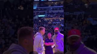 Lakers’ LeBron and Luka Doncic sit together prior to a game against the Indiana Pacers