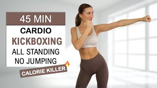 45 Min Cardio Kickboxing - No Jumping, All Standing | High Intense Fat Burn, No Repeat, Home Workout