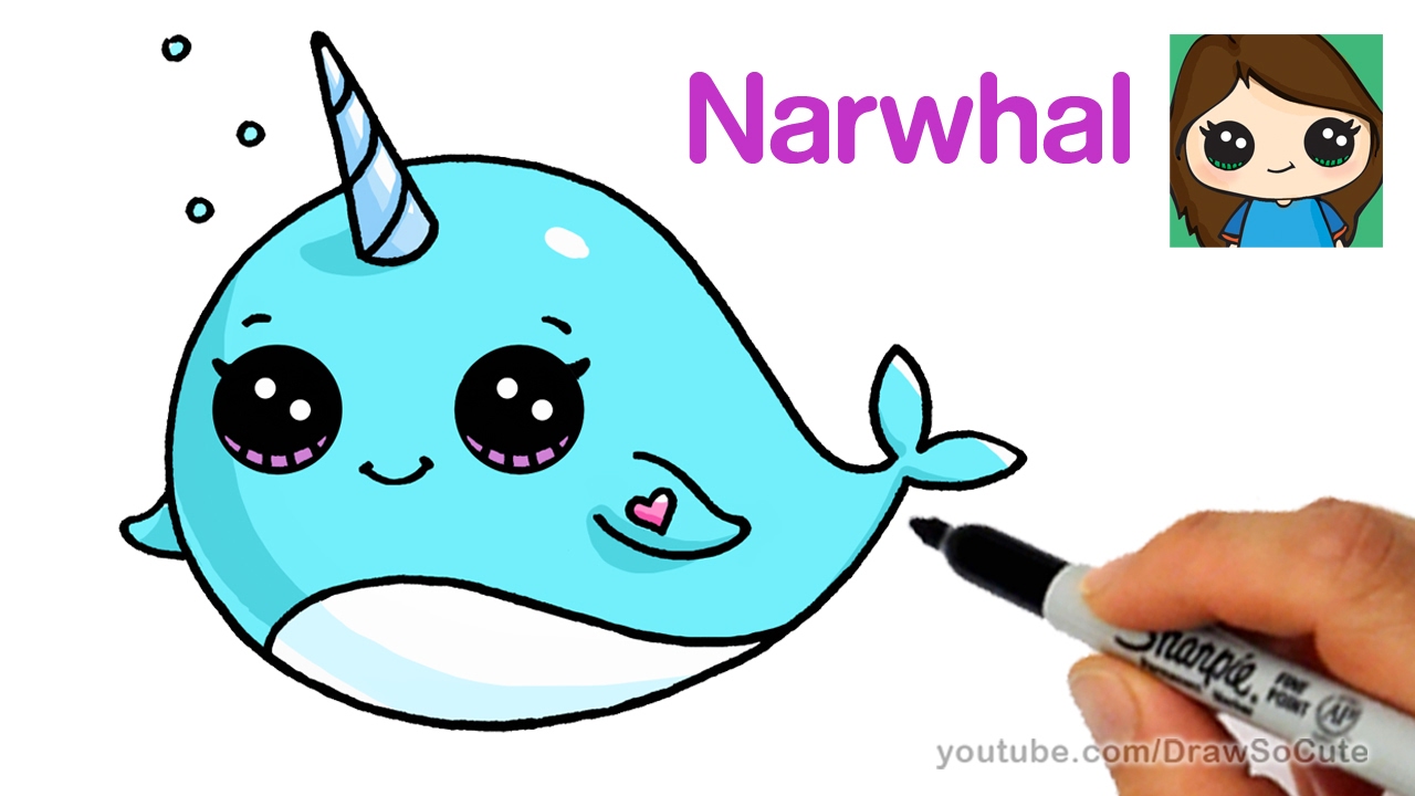 How To Draw A Cartoon Narwhal Unicorn Whale Easy - YouTube