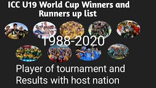 ICC U19  World cup winners and runners up list|| From 1988-2020 ||Player of tournament,results,host