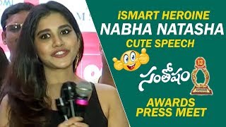 Actress Nabha Natesh Cute Speech @ Santosham South Indian Film Awards 2019 Press Meet || Bullet Raj