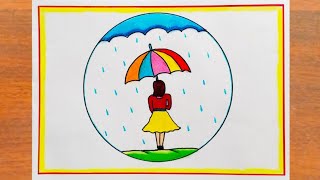 How to Draw A Girl With Umbrella Easy Steps || Rainy Season Drawing Easy || Rainy Day Drawing