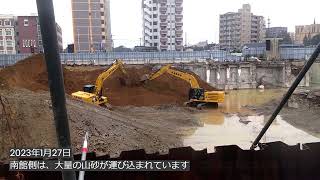 埋め戻し作業が始まる旧熊本市民病院 南館側