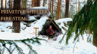 Built a primitive shelter in winter by the cliff and cooked a steak