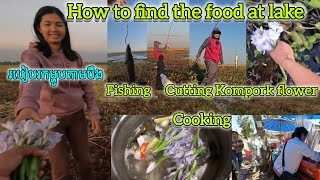 How to find the food at lake,fishing,cutting Kormpork  flower/របៀបរកម្ហូបតាមបឹងបបក់ត្រីបេះផ្កាកំប៉ោក