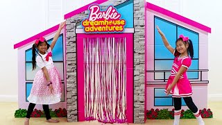 Emma & Jannie Pretend Play with Giant Cardboard Barbie Playhouse and Girl Toys