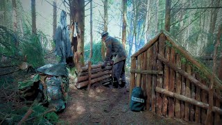 Secret log shelter in a conifer forest | Hand Tools Only | Full build