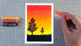 Sunset drawing |Oil pastel drawing for beginners | Nature drawing | menggambar