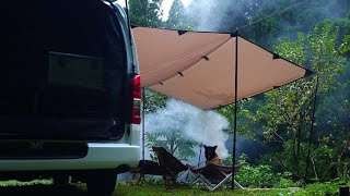 small campsite in the woods I slept in the car in the heavy rain with my dog