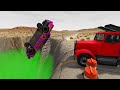 cars and ramp truck vs huge pit and trains beamng.drive