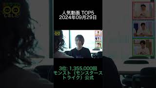 2024年09月29日 人気動画ランキング TOP5　Blum　SPOTVNOW　モンスト（モンスターストライク）公式