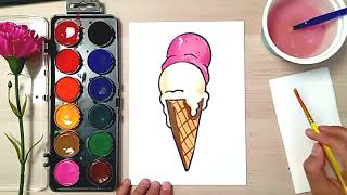 HOW TO DRAW Ice Cream - easy painting with watercolors for kids and beginners