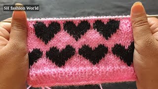 Pink sweater पर black heart knitting pattern very pretty in hindi (eng sub)