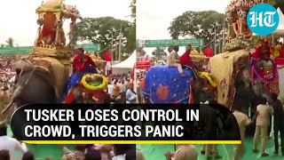 Watch: Chaos after elephant loses control, chases people amid loud music at Karnataka festival