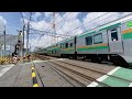 vr180 東海道本線e233系 e231系 長い15両編成 矢向踏切を通過 上り 川崎駅近く jt jk jr東日本 通勤電車 高速通過 ふみきり カンカン insta360evo 連結 2階建