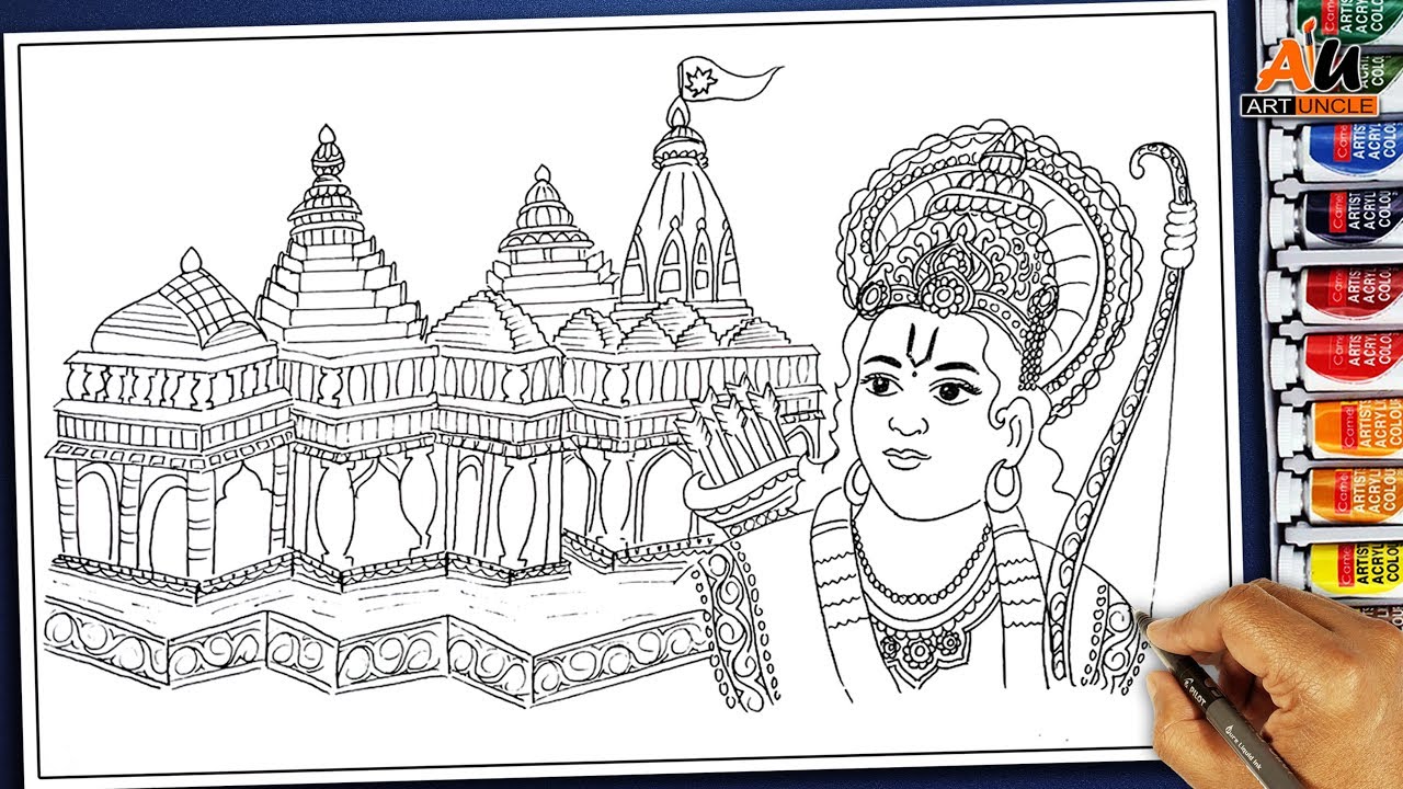 How To Draw || Lord Shri Ram & Ayodhya श्री राम Temple Sketch For Kids ...