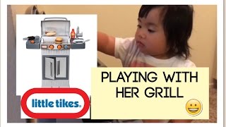 Toddler playing with Little Tikes Cook 'n Play Outdoor BBQ Grill - Diaz Vlogs