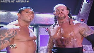 Undertaker Batista John Cena and Shawn Michaels Moment after Triple Threat Match