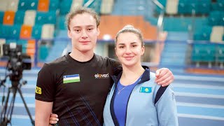 Cпортсмены разминаются перед первым большим стартом в Astana Indoor Meet for Amin Tuyakov prizes