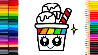 How to draw and color cute ice cream / Cómo dibujar y colorear lindo helado