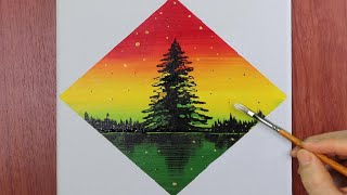 Easy Tree in Diamond landscape / acrylic painting for beginners / PaintingTutorial / Painting ASMR