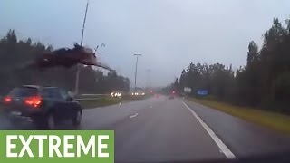 Intense dash cam footage of highway moose collision